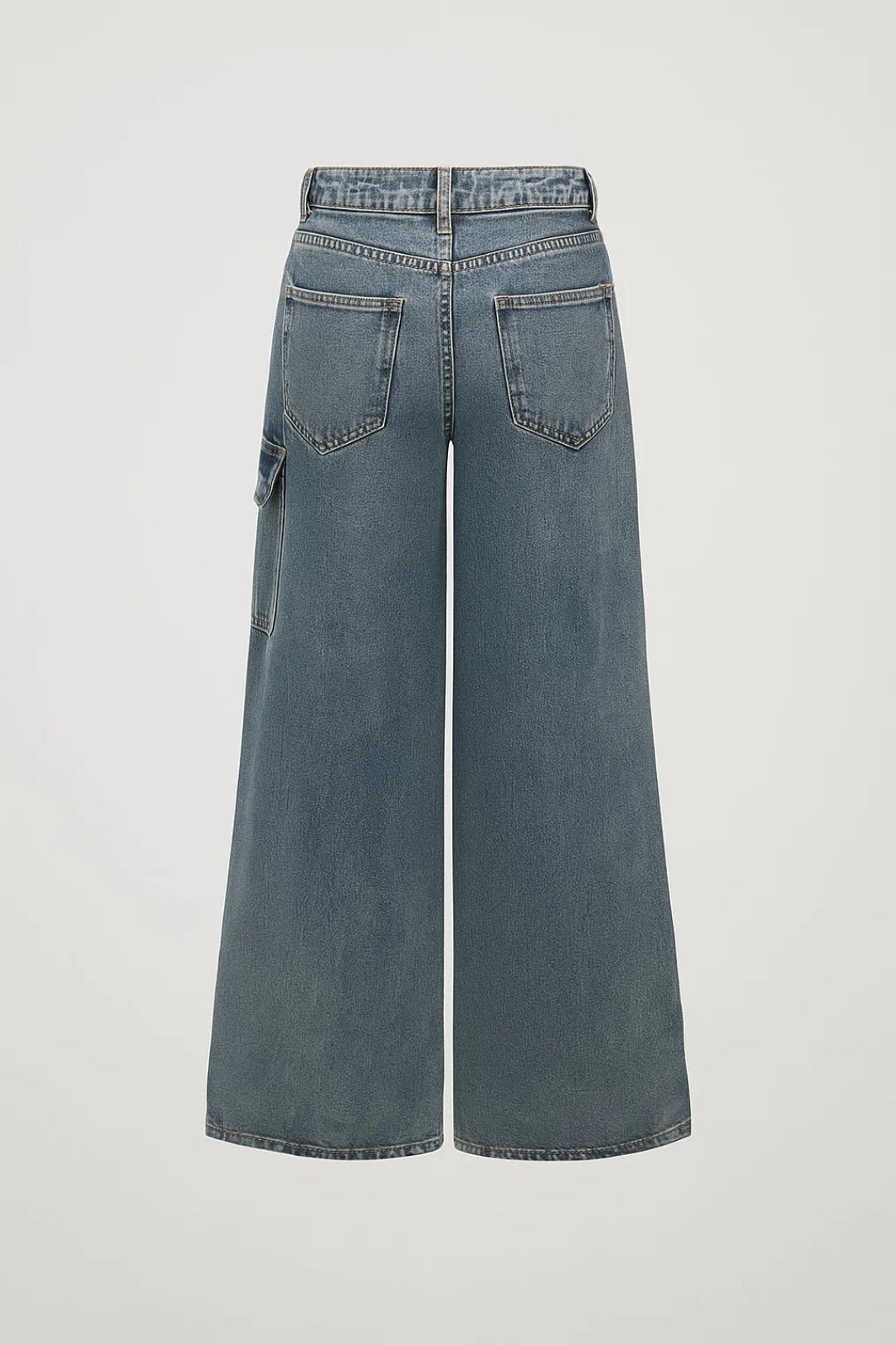 Effortless Blue Wide Leg Jeans for Women with High Waisted Bow Tie Detail Cargo Pocket Relaxed Style
