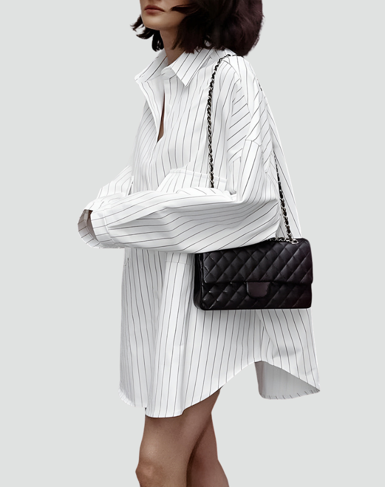 Effortless White Striped Shirt Dress for Women with Collar Long Sleeve Oversized Button Front Casual Style