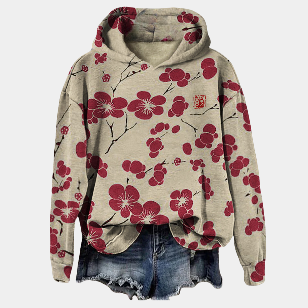 Effortless Floral Print Hoodie for Women with Drawstring Hood Long Sleeve Oversized High Low Hem Relaxed Style