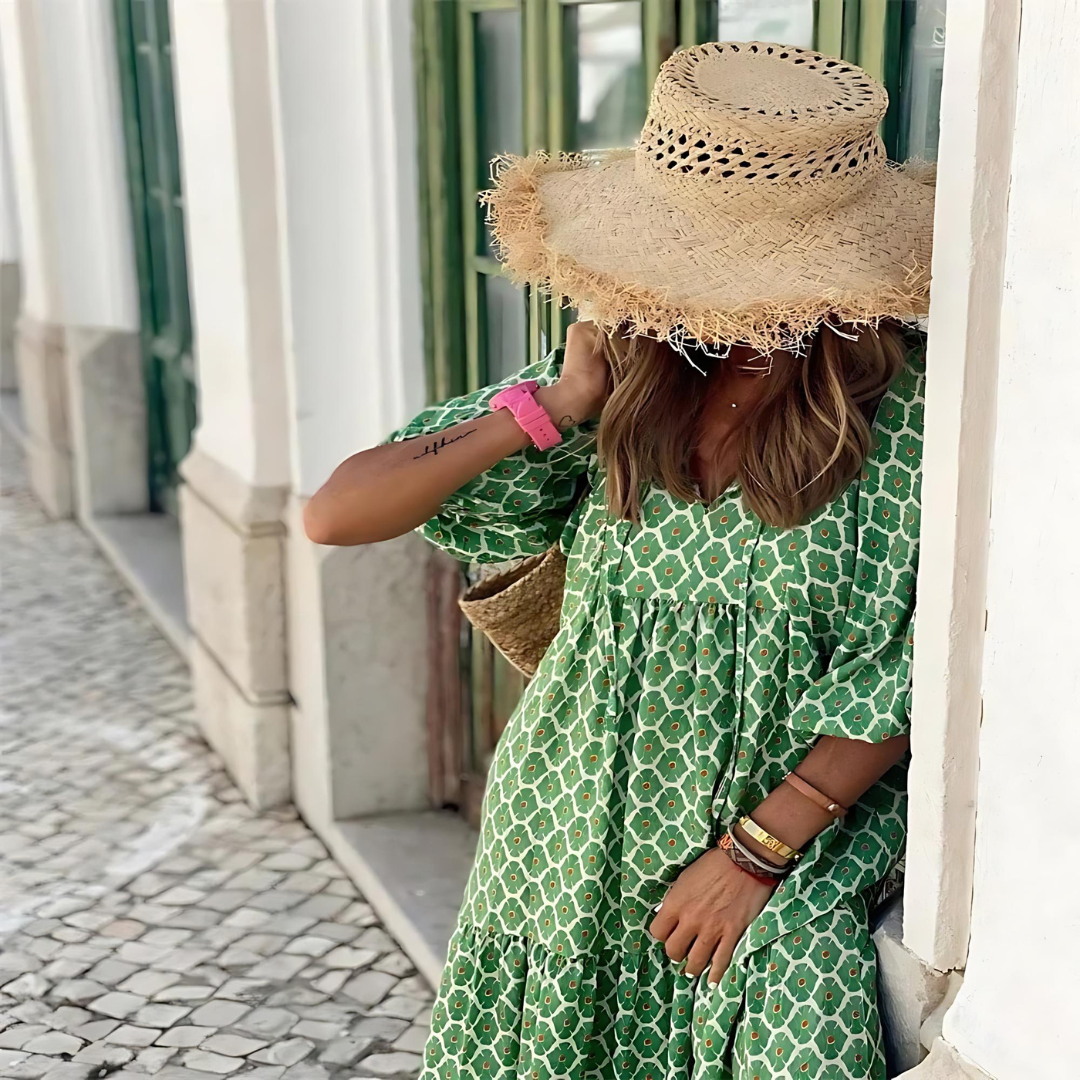 Effortless Printed Maxi Dress for Women with V Neck Elbow Sleeve Tiered Flowing Boho Style