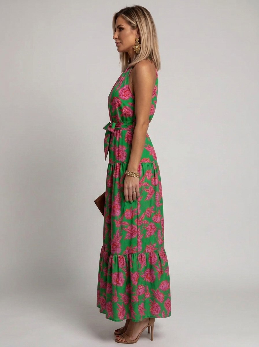 Elegant Green Floral Cocktail Dress for Women with Halter Neck Sleeveless Tiered Ruffle Maxi Style