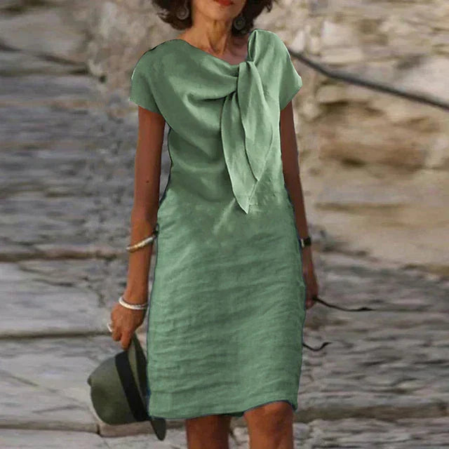 Elegant Linen Midi Dress for Women with Tie Neck Short Sleeve Shift Relaxed Style