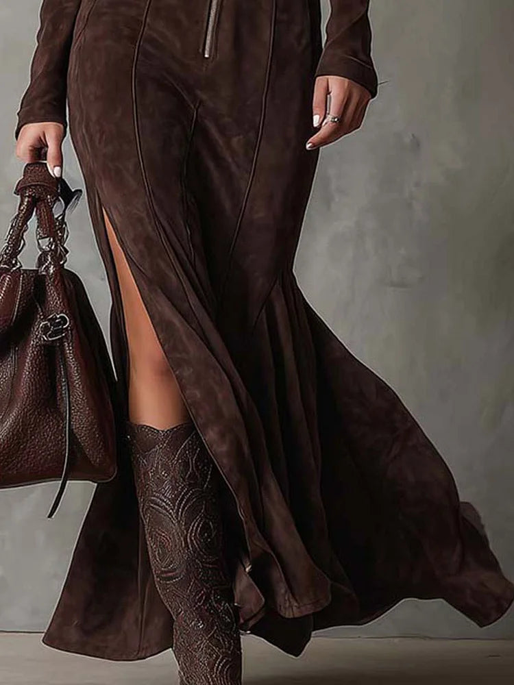 Elegant Suede Maxi Dress for Formal Wedding Guest Style with Belt