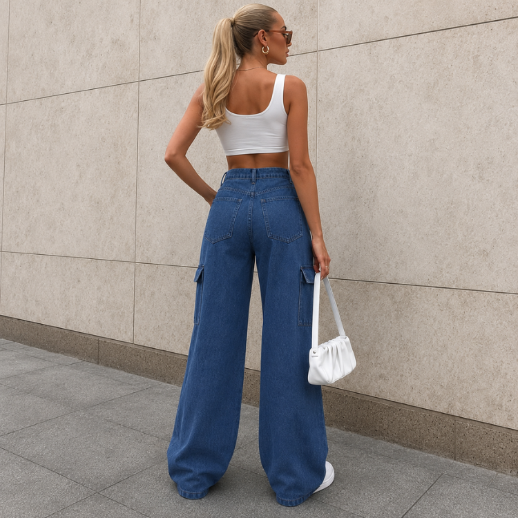 Effortless Blue Cargo Jeans for Women with High Waist Wide Leg Pocket Detail Relaxed Style