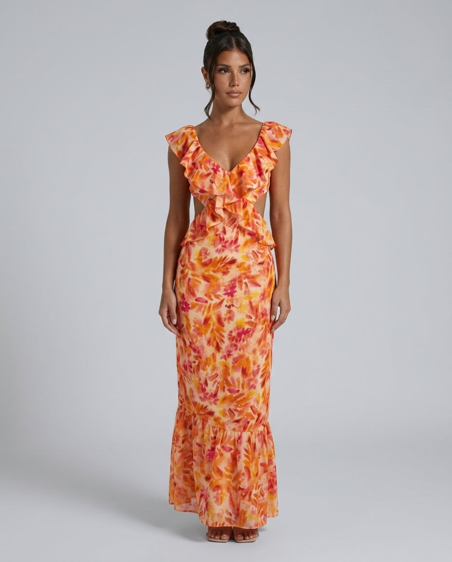 Elegant Floral Cocktail Maxi Dress for Women with Ruffle V Neck Sleeveless Bodycon Party Style