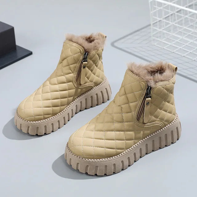 Cozy Quilted Women's Snow Boots with Plush Fur Trim Platform Ankle Style