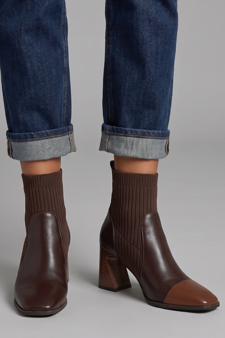 Chic Taupe Ankle Boots for Women with Knit Shaft Block Heel Round Toe Sock Fall Style