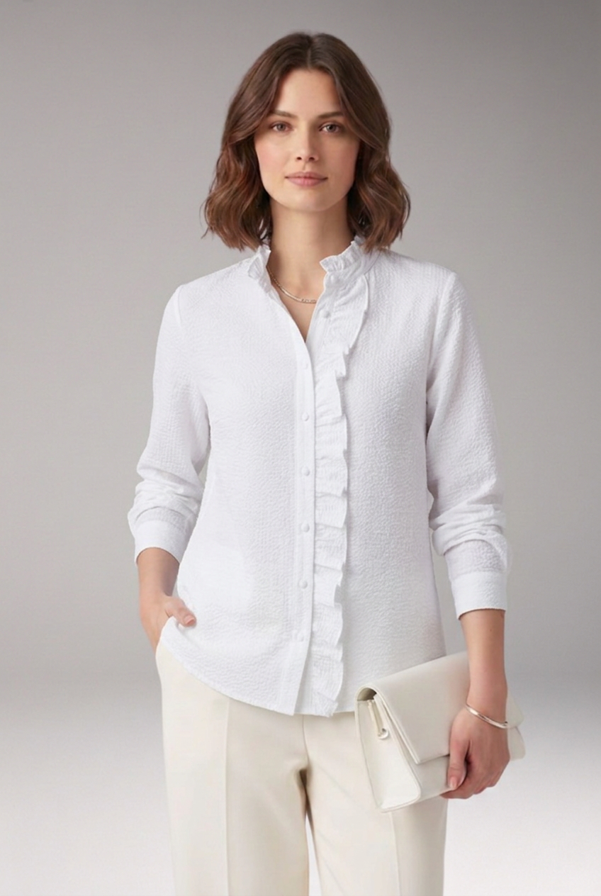 Elegant Striped Blouse for Women with Mandarin Collar Long Sleeve Ruffle Placket Casual Style