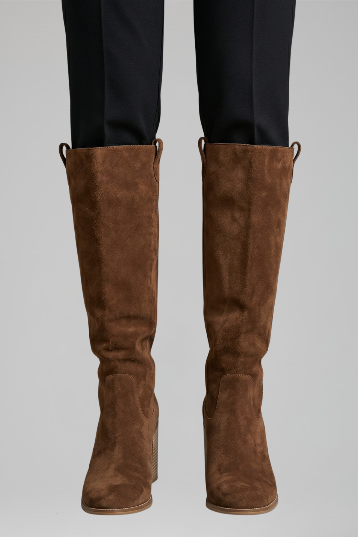 Chic Black Knee High Boots for Women with Pointed Toe Block Heel Suede Tall Fall Style
