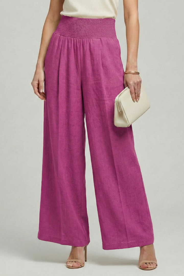 Effortless Linen Wide Leg Pants for Women with High Waist Smocked Pleated Relaxed Flowing Style