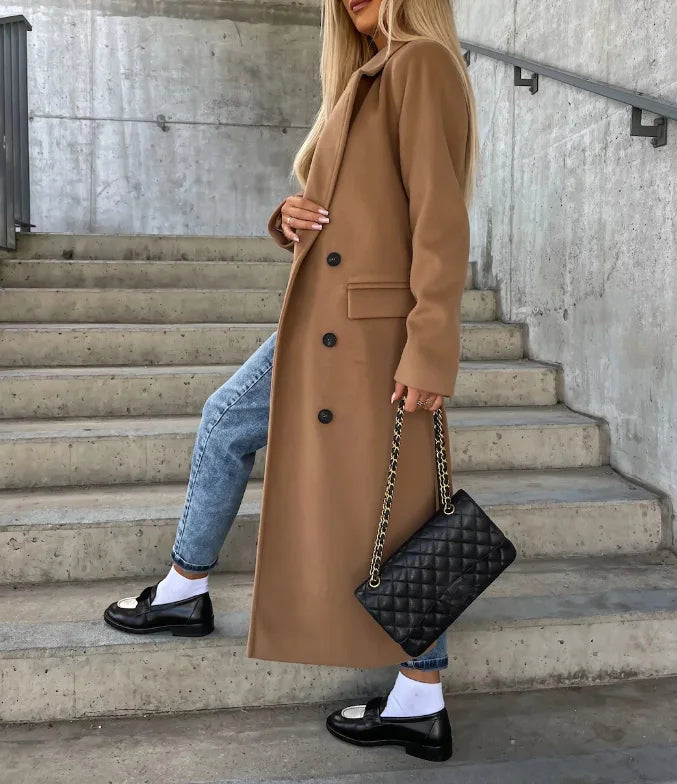 Timeless Brown Long Wool Coat for Women with Notched Lapel Double Breasted Tie Belt Tailored Winter Style