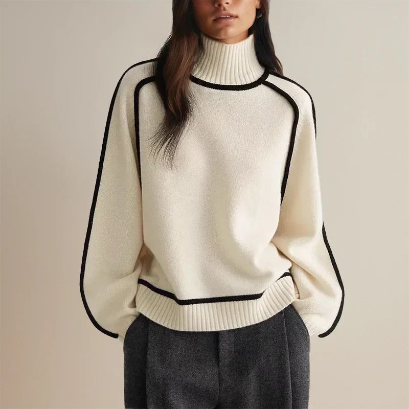 Comfortable Contrast Piping Sweatshirt for Women with Turtleneck Batwing Sleeve Oversized Knit Style