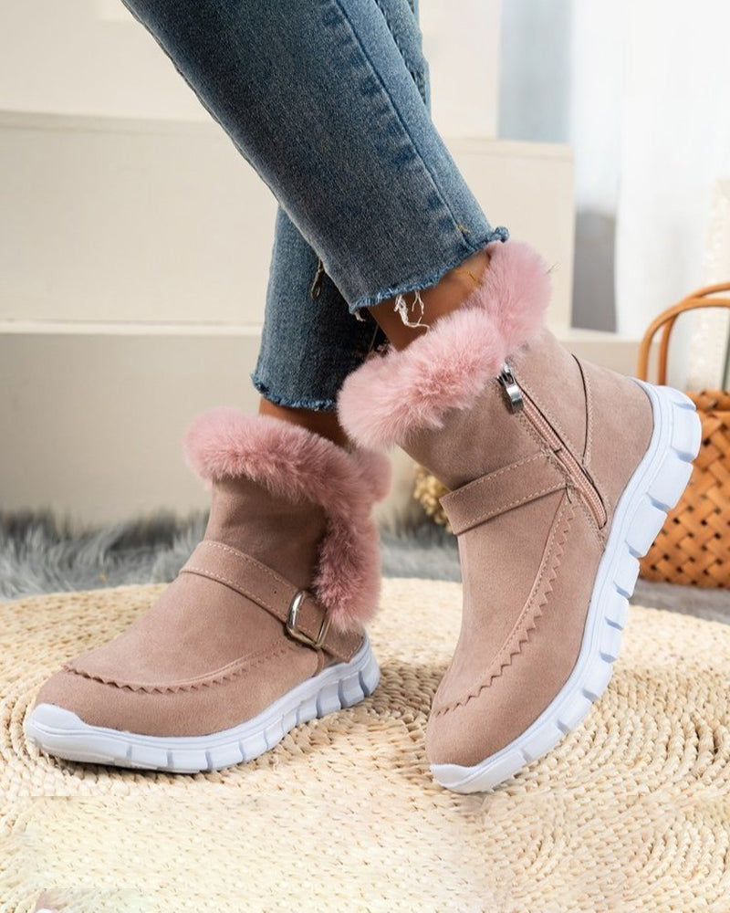Cozy Suede Snow Boots for Women with Fluffy Trim Ankle Buckle Style