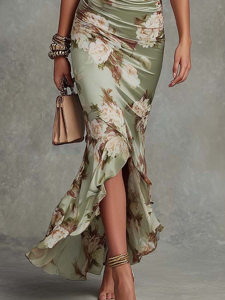 Elegant Green Floral Satin Maxi Dress for Women with Ruched V-Neck Bell Sleeve