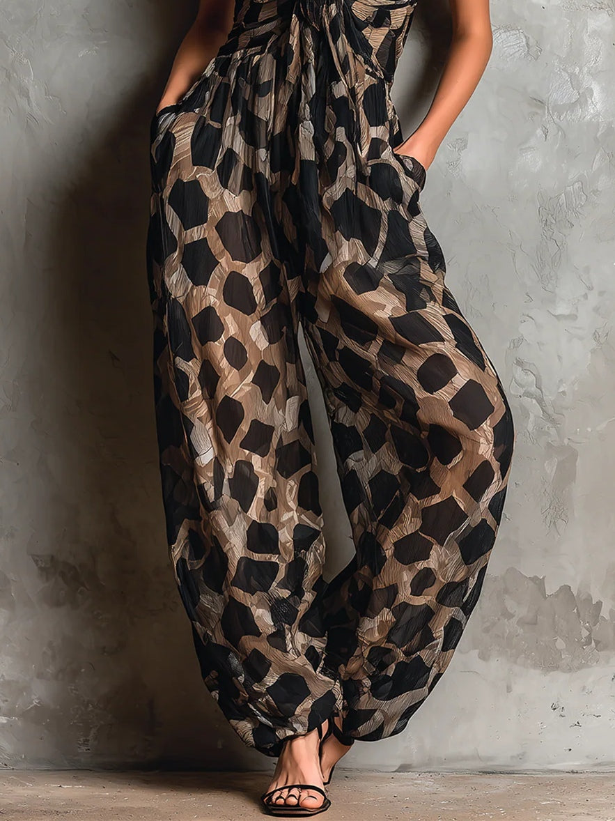 Elegant Black Leopard Print Maxi Dress for Women with V-Neck Draped Wrap Style