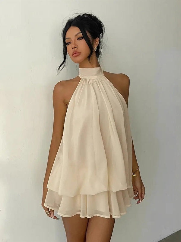 Effortless Yellow Dress for Women with Halter Neck Tiered Flowy Style