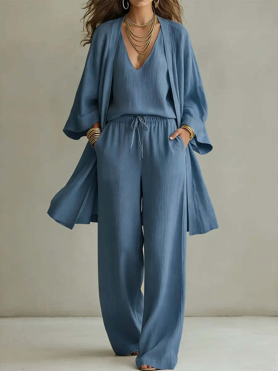 Effortless Wide Leg Two Piece Set for Women with V-Neck Wrap Blouson Sleeve