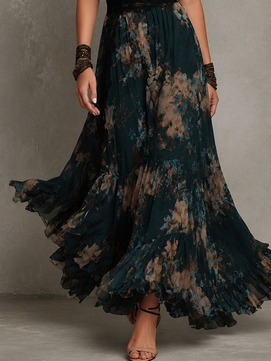 Elegant Dark Green Floral Maxi Dress for Women with Plunge V-Neck Flowing Formal Wedding Guest Style
