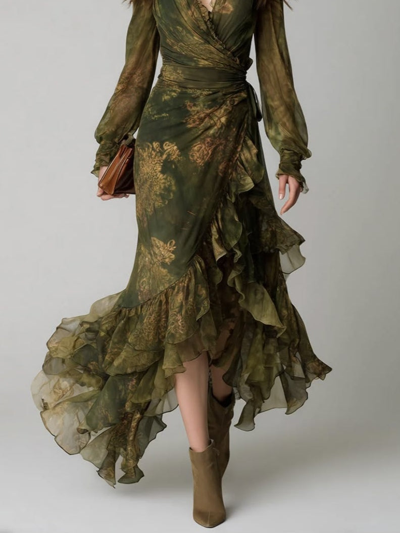 Elegant Green Floral Wrap Maxi Dress for Women with V-Neck Ruffle Tiered Hem