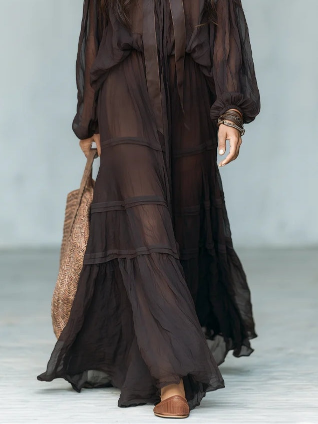 Elegant Dark Brown Blouses for Women with Tie Neck Sheer Overlay Boho Maxi Two-Piece Set