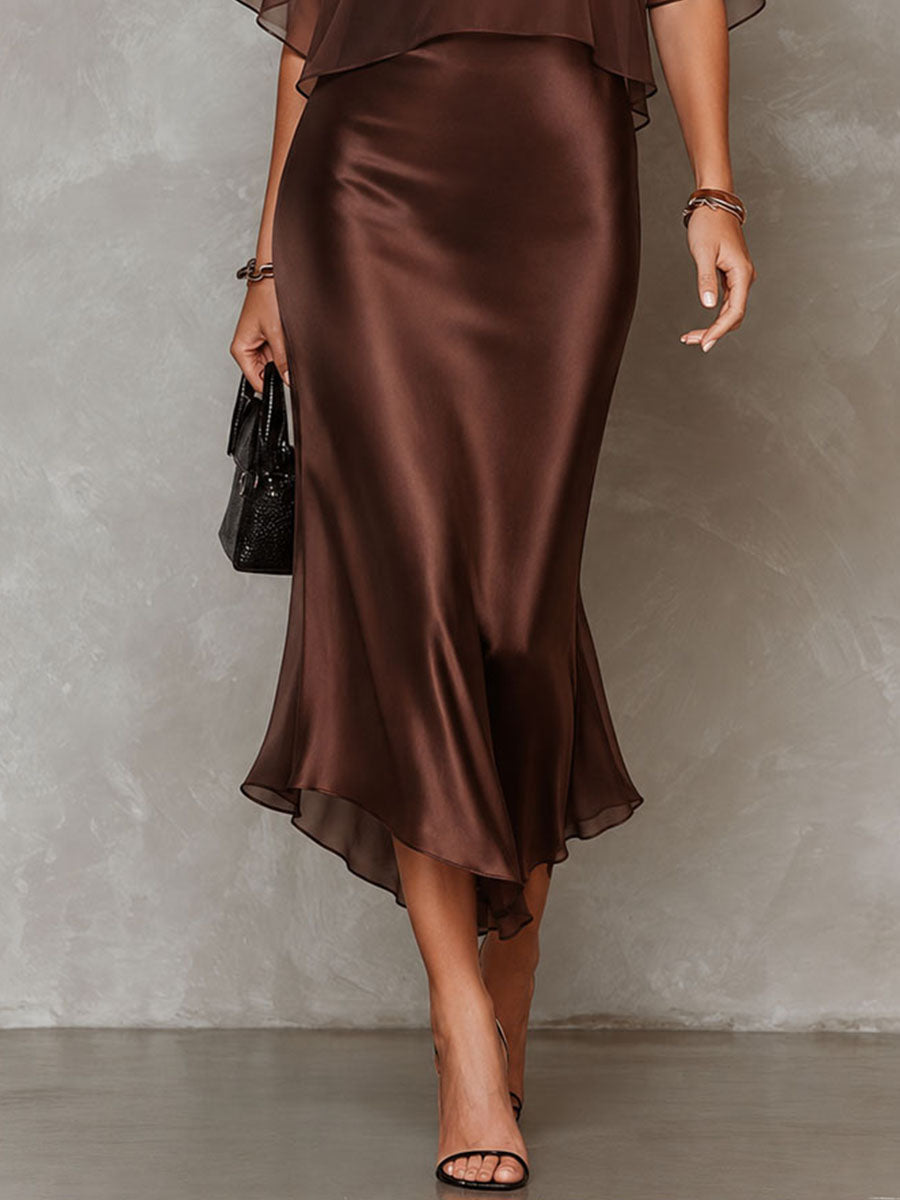 Elegant Brown Satin Midi Dress for Women with Chiffon Cape Overlay Mock Neck Cocktail Style