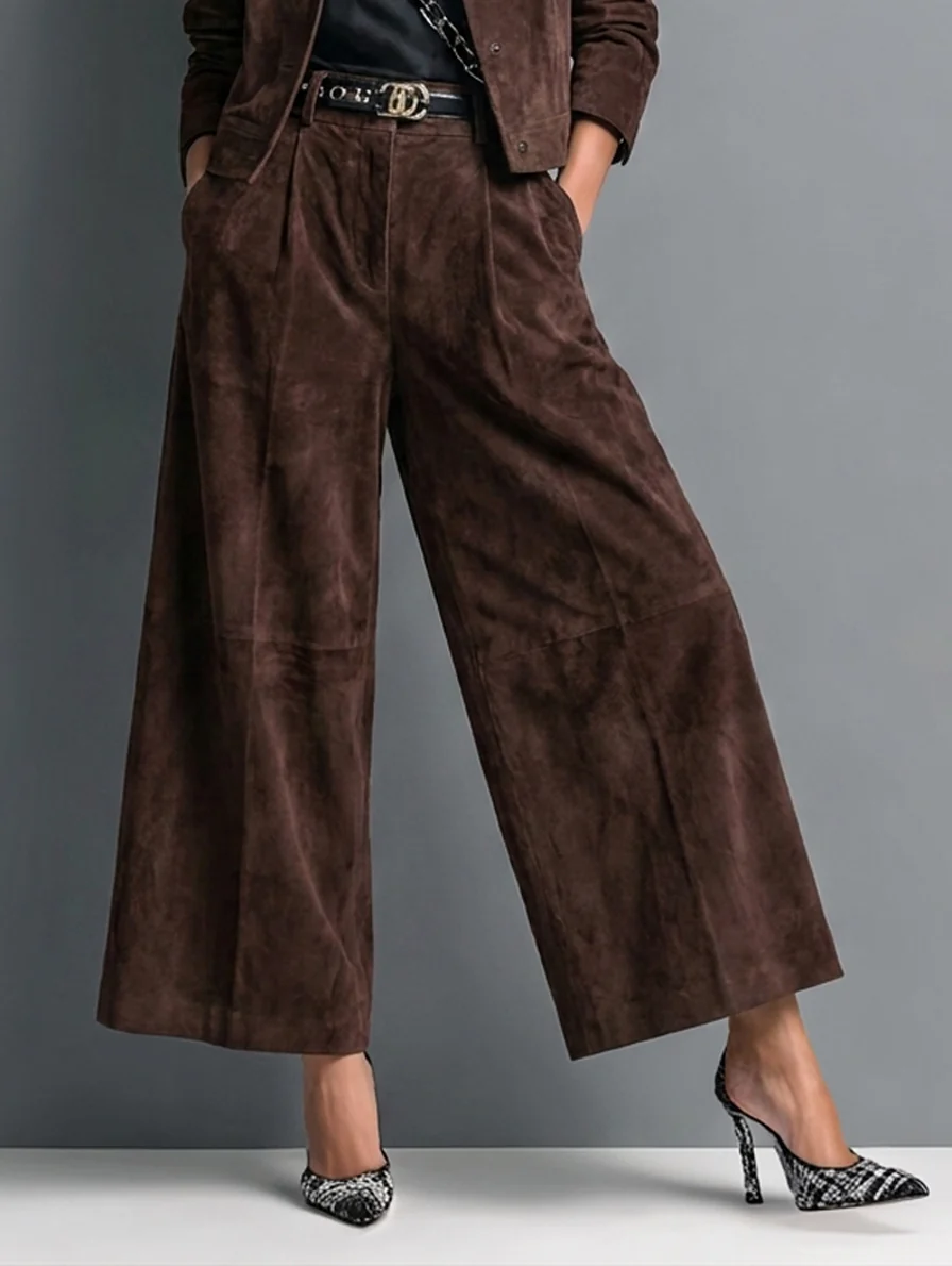 Elegant Dark Brown Suedette Jacket Two Piece Set for Women with Collar Long Sleeve Wide Leg Pant Tailored Style