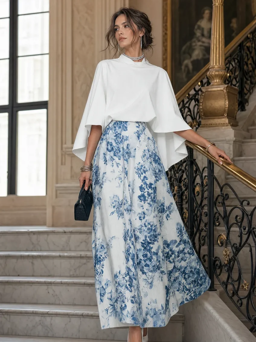 Effortless Floral Print Maxi Skirt Set for Women with Cape Top Two Piece Relaxed Style