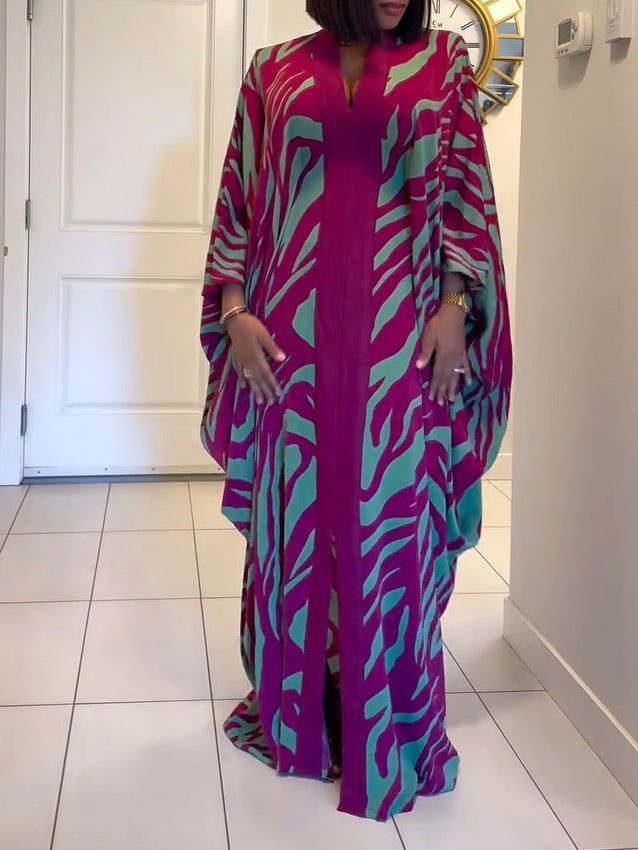 Elegant Purple Maxi Dress for Women with Zebra Print V-Neck Batwing Sleeve Kaftan Casual Style