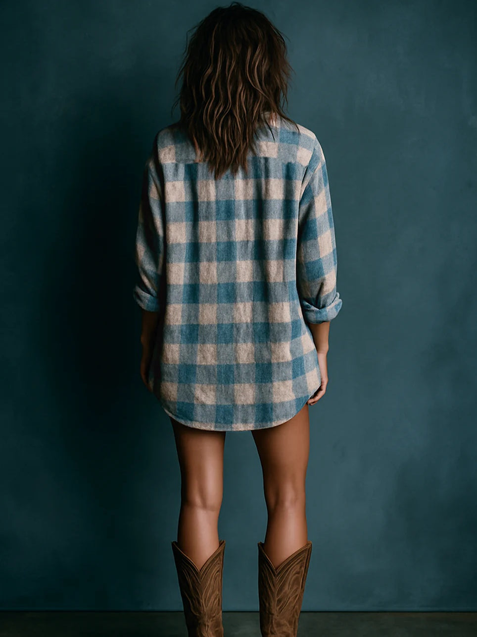 Effortless Plaid Shirt Dress for Women with Loose Henley Neck Long Sleeve