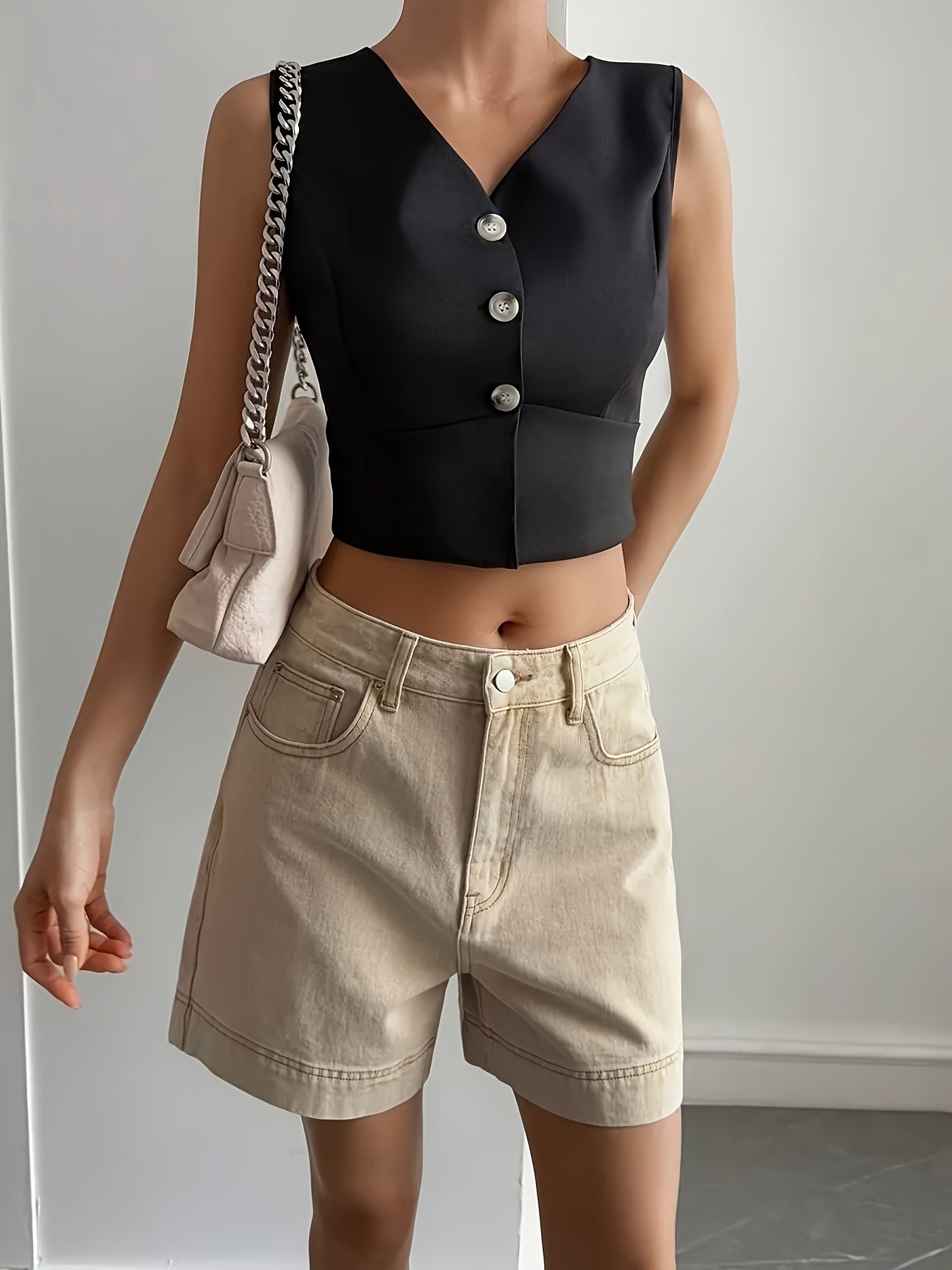 Effortless Khaki Shorts for Women with High Waist Button Front Wide Leg Cuffed Casual Style
