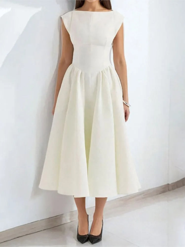 Elegant Midi Dress for Women with Round Neck Sleeveless Pleated Fit and Flare Formal Style