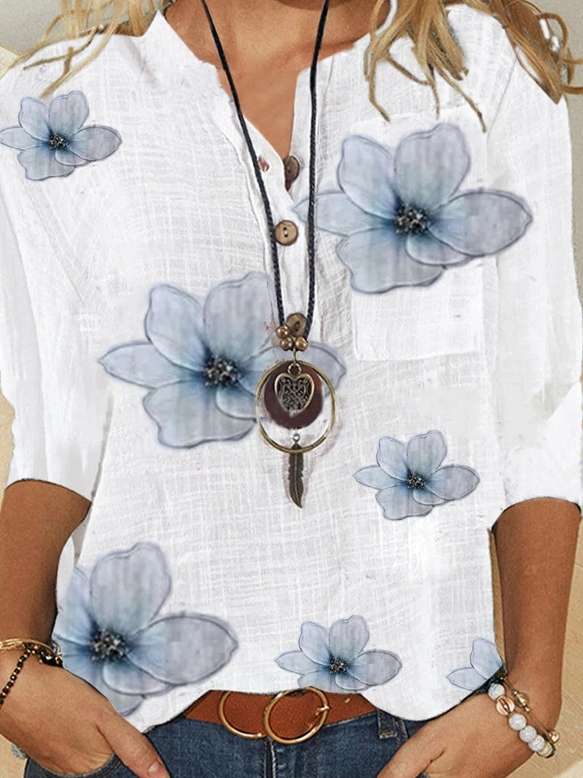 Elegant White Floral Linen Blouse for Women with Split Neck Elbow Sleeve Button Front Bohemian Style