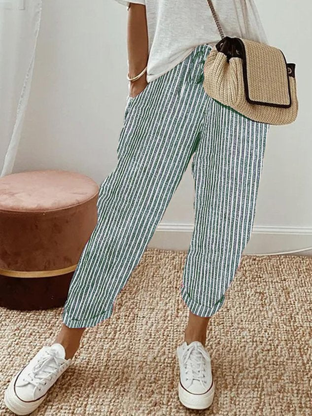 Effortless Linen Tapered Pants for Women with High Waist Drawstring Relaxed Cuffed Hem Casual Style