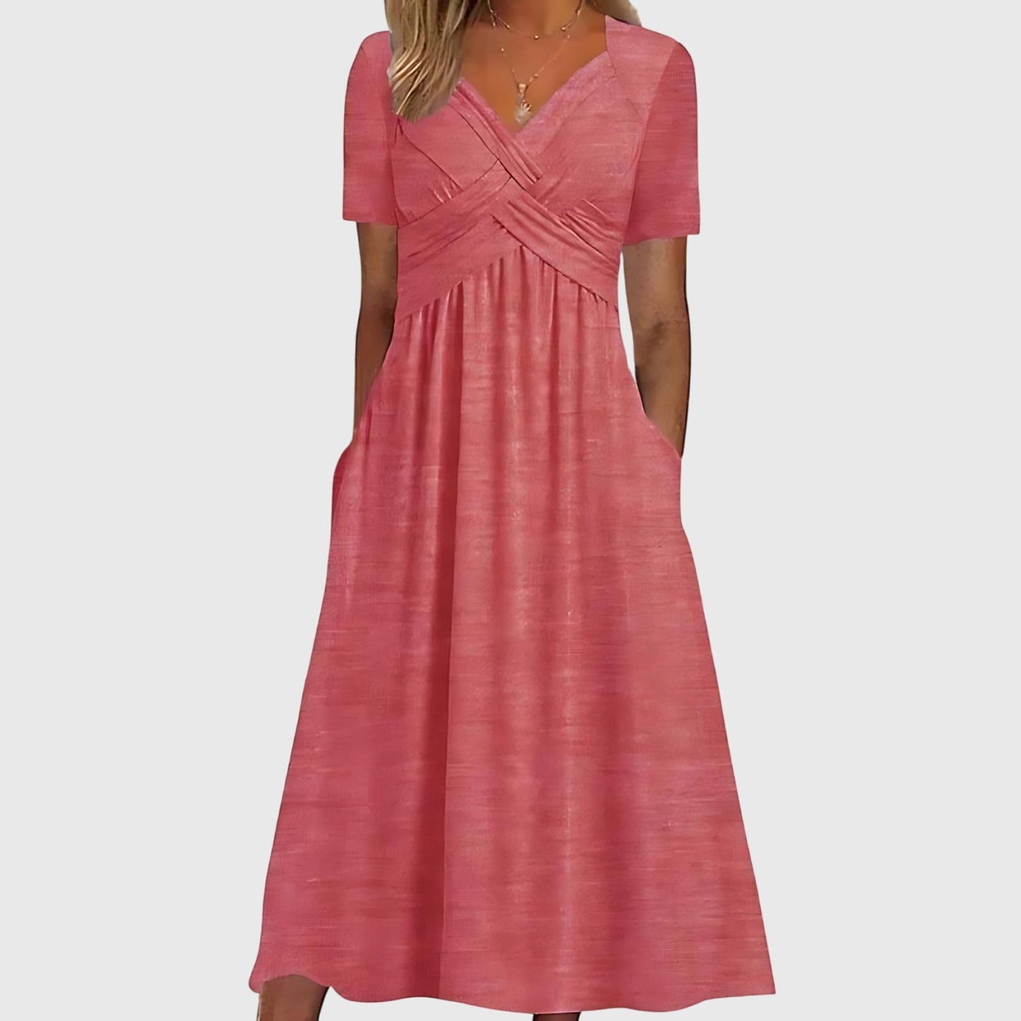 Comfortable Pink Dress for Women with Surplice V Neck Short Sleeve Side Pockets Casual Style