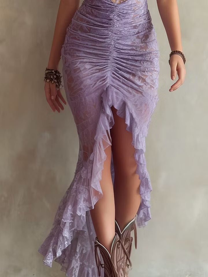Elegant Lavender Lace Ruched Maxi Dress for Women with Ruffled High Low Hem