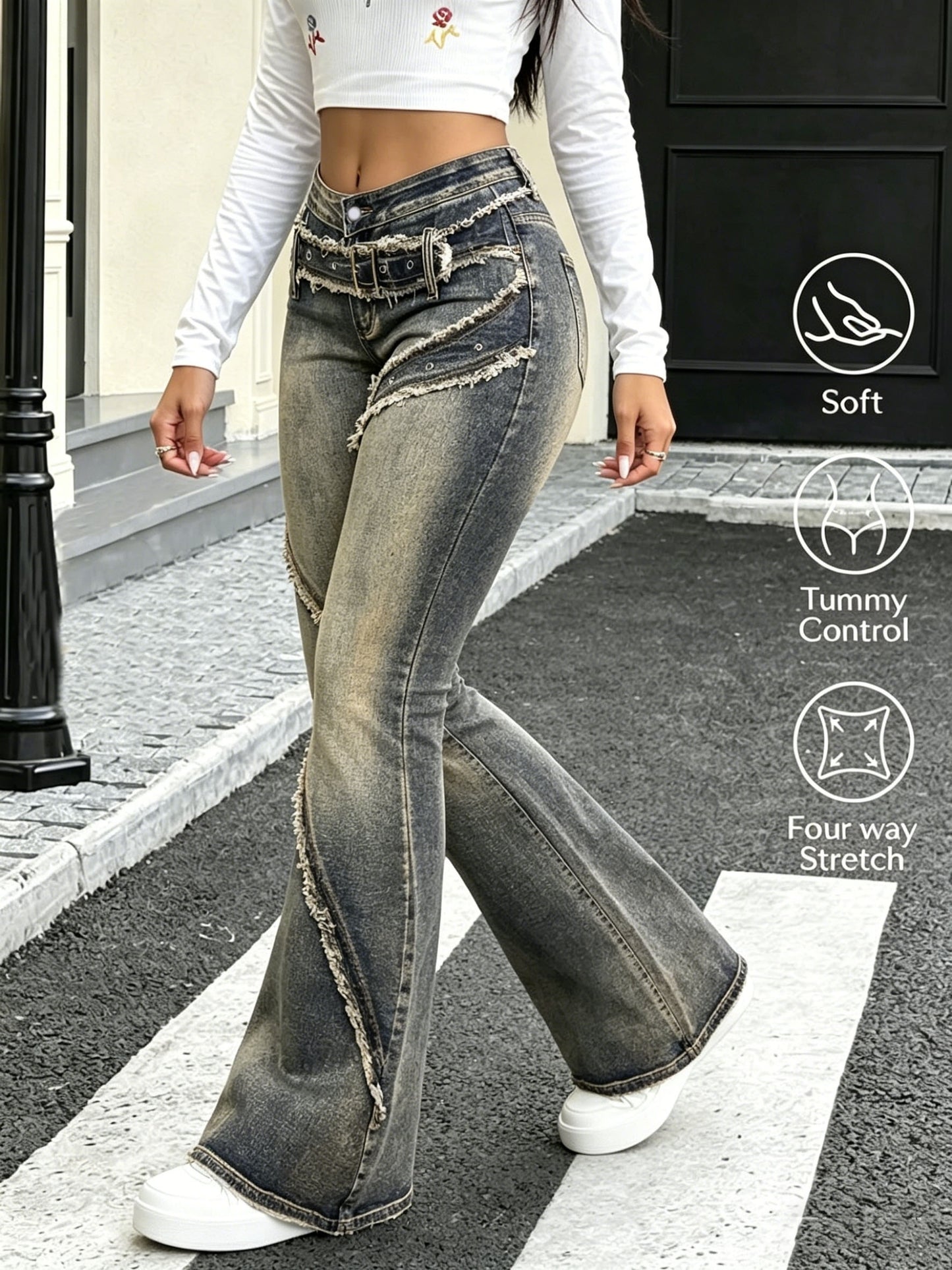 Effortless Blue Distressed Flare Jeans for Women with Frayed Raw Edge Asymmetric Buckle Detail Style