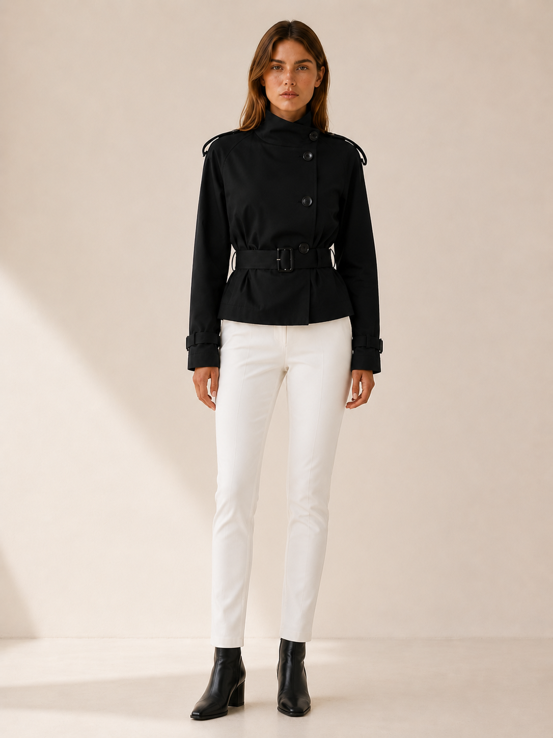 Chic Short Trench Coat for Women with High Collar Double Breasted Belted Waist Classic Style