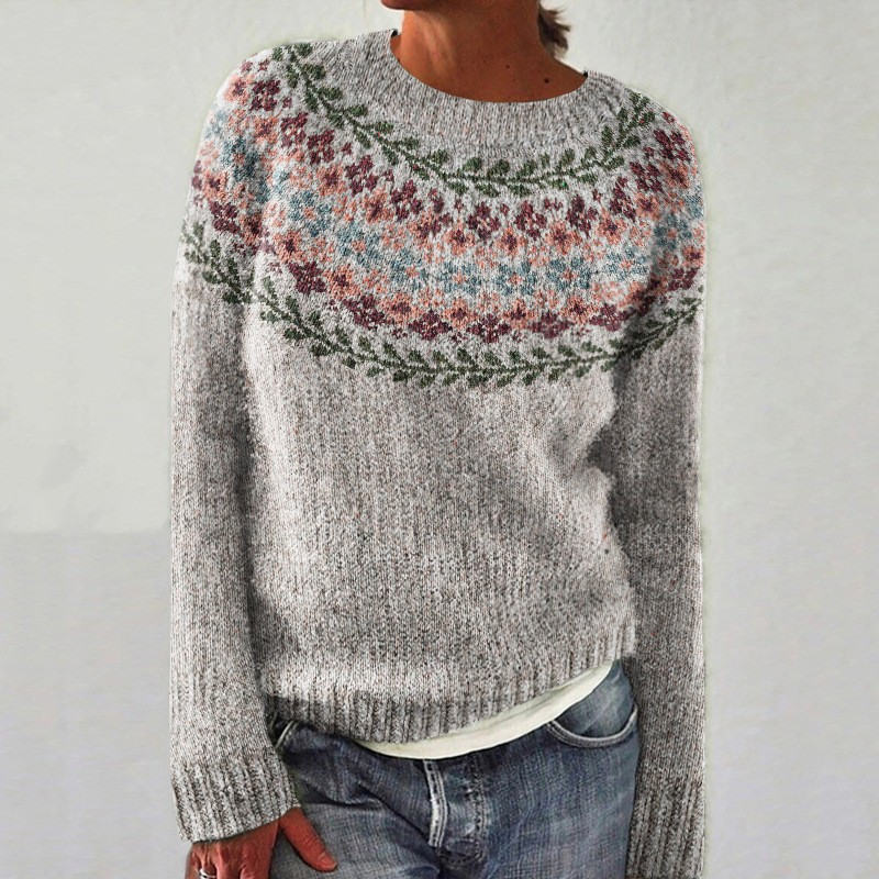 Comfortable Grey Fair Isle Sweater for Women with Crew Neck Long Sleeve Relaxed Oversized Knit Style