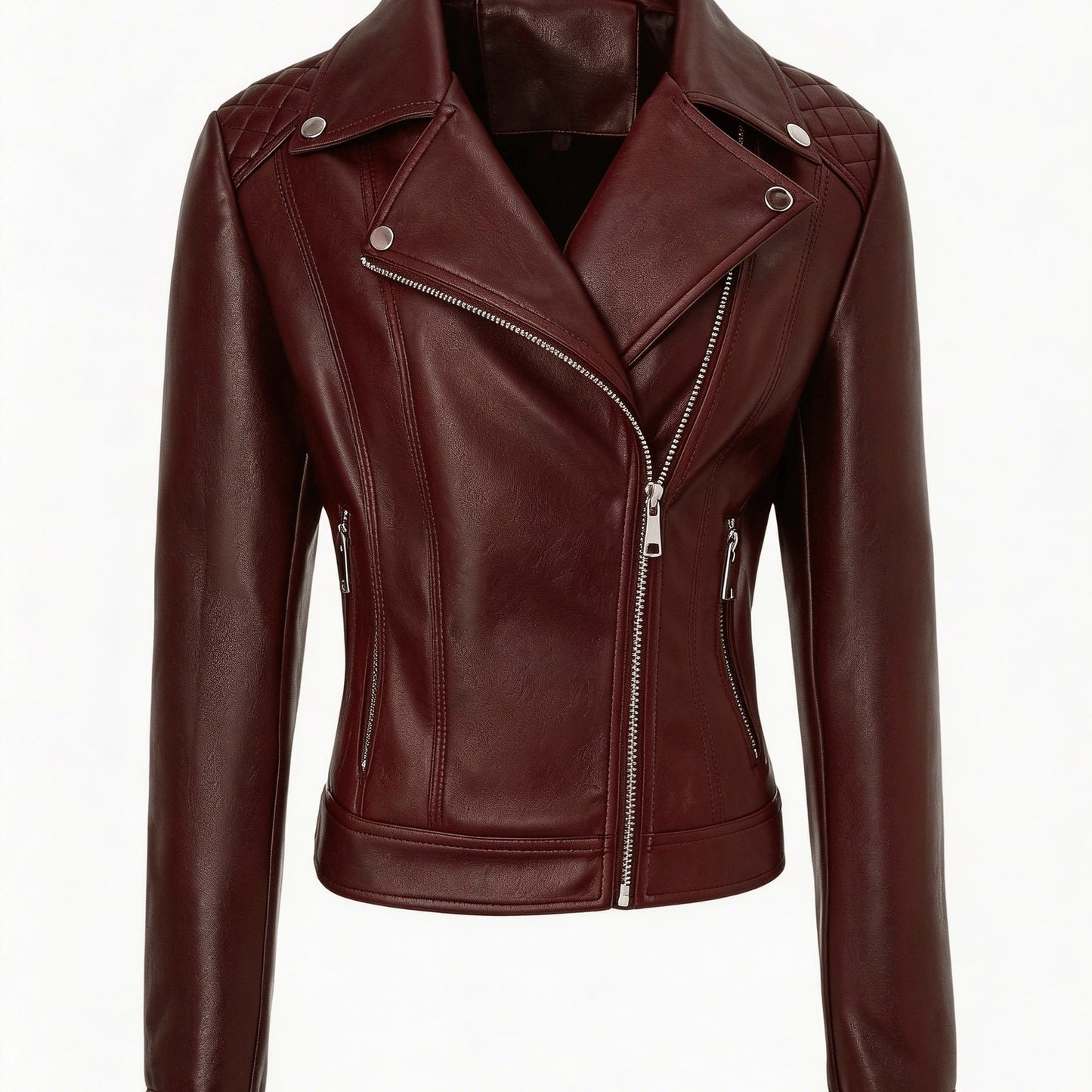 Elegant Leather Moto Jacket for Women with Notch Lapel Asymmetric Zip Front Fitted Style