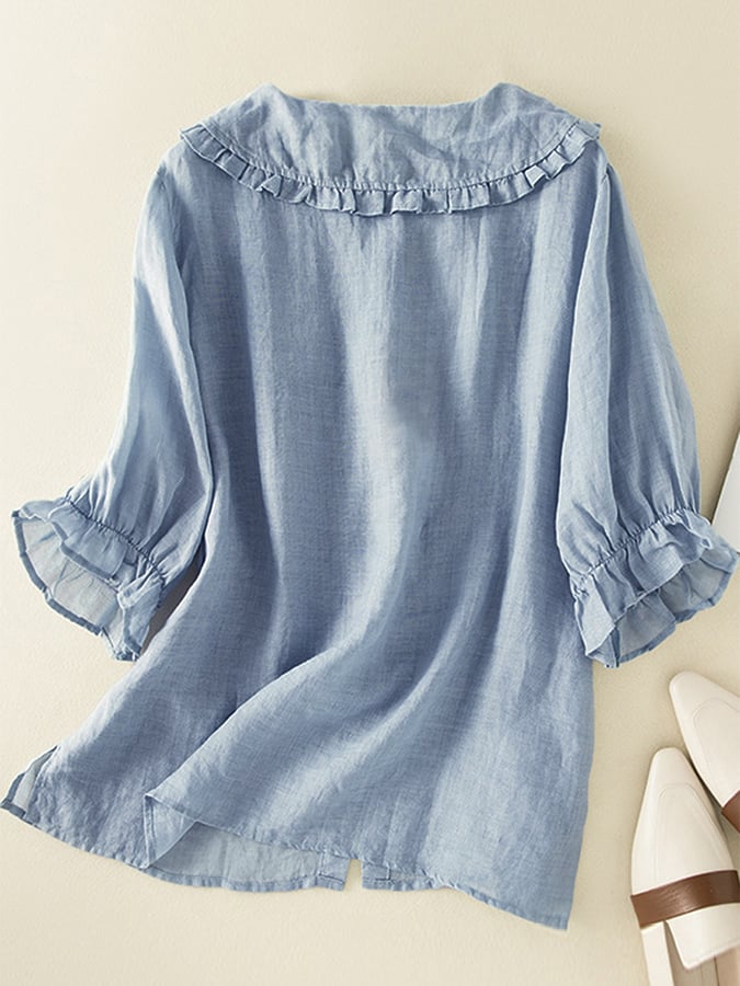 Effortless Linen Ruffle Shirt for Women with Peter Pan Collar Elbow Sleeve Button Front Relaxed Style
