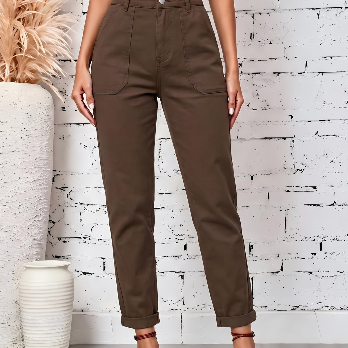 Effortless Coffee Brown Cotton Trousers for Women with High Waist Patch Pocket Cuffed Hem Relaxed Style