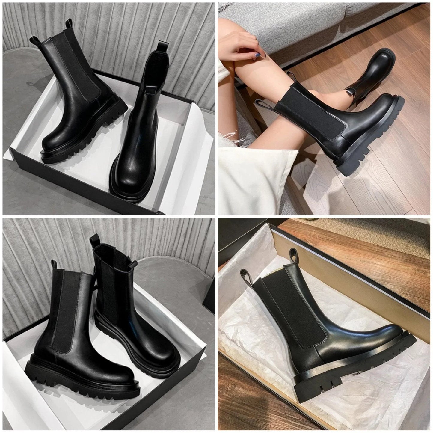 Sleek Black Leather Chelsea Boots for Women with Round Toe Pull Tab Lug Sole Platform Style