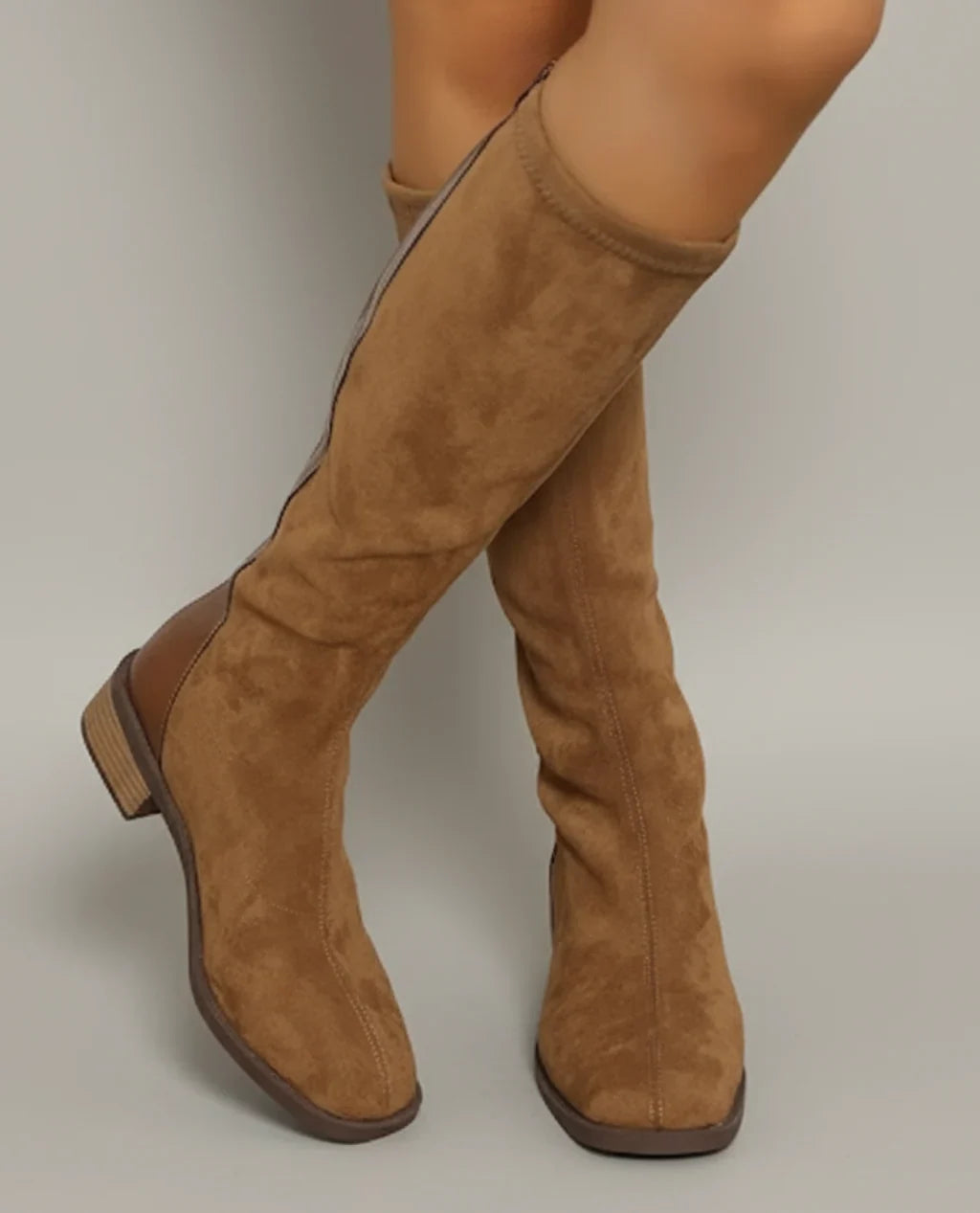 Stylish Tan Suede Knee High Boots for Women with Round Toe Block Heel Side Zip Style
