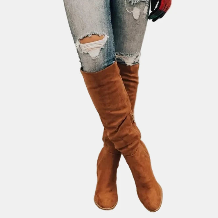 Stylish Suede Knee High Boots for Women with Ruched Block Heel Slouchy Style