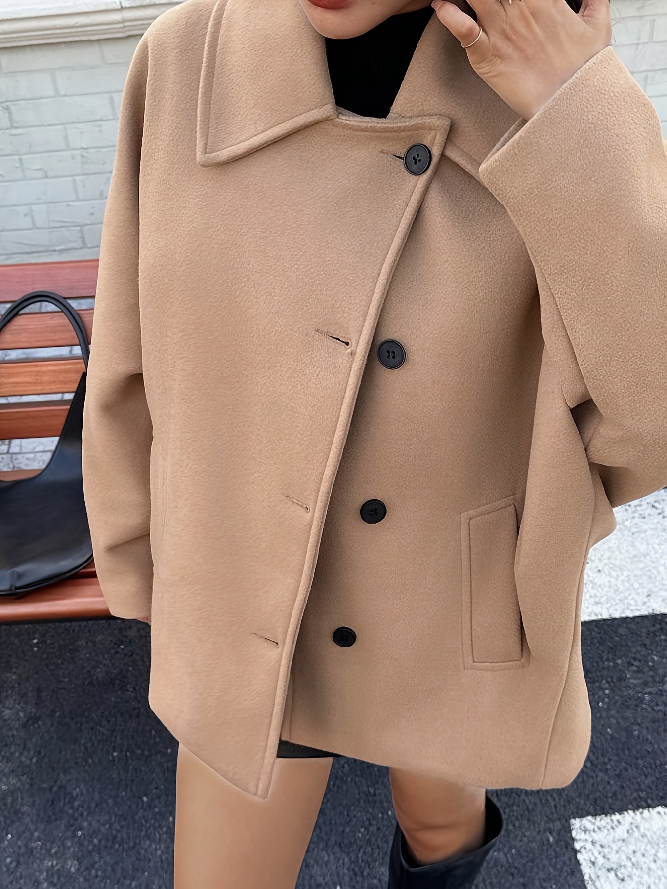 Elegant Khaki Wool Pea Coat for Women with Notched Collar Batwing Sleeve Oversized Button Front Style
