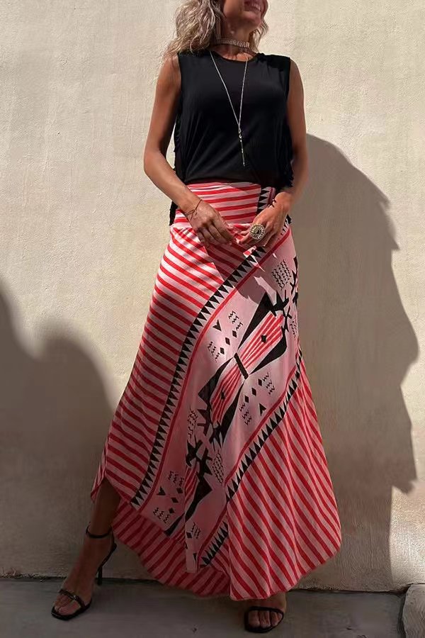 Effortless Geometric Print Maxi Skirt for Women with High Waist Asymmetrical Hem Bohemian Style