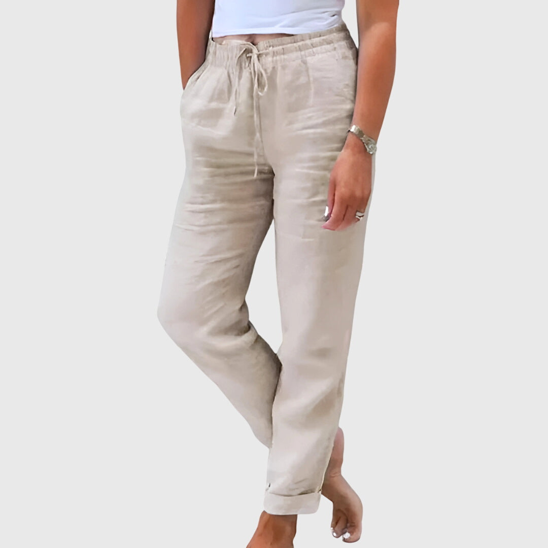 Effortless Khaki Linen Pants for Women with Elastic Drawstring Waist Tapered Leg Cuffed Hem Casual Style