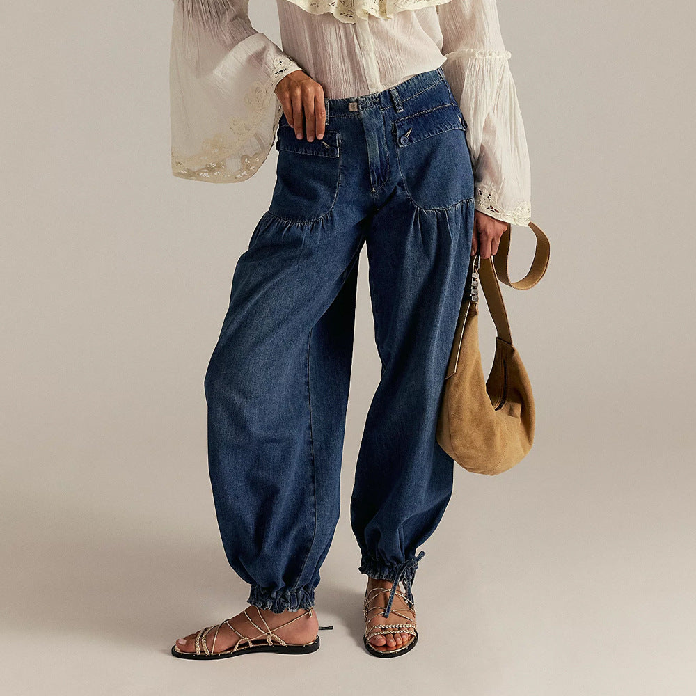 Effortless High Waist Balloon Jeans for Women with Cargo Pocket Wide Leg Cinched Ankle Style