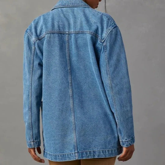 Effortless Blue Denim Jacket for Women with Lapel Collar Long Sleeve Relaxed Open Front Casual Style