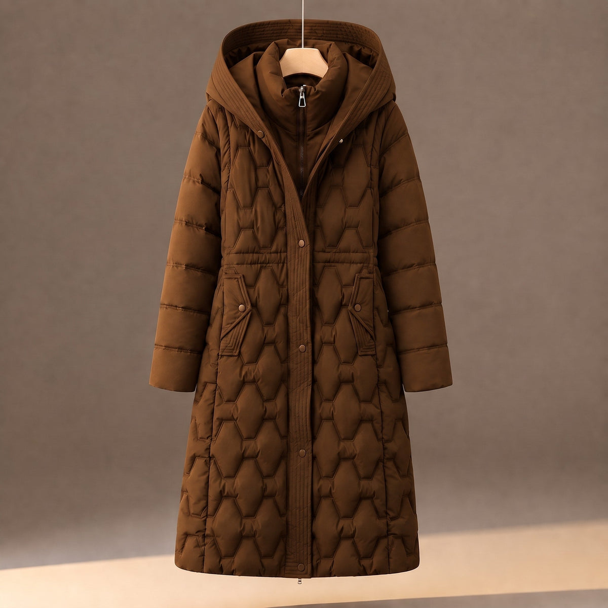 Cozy Longline Puffer Jacket for Women with Hooded Collar Long Sleeve Quilted Maxi Padded Style